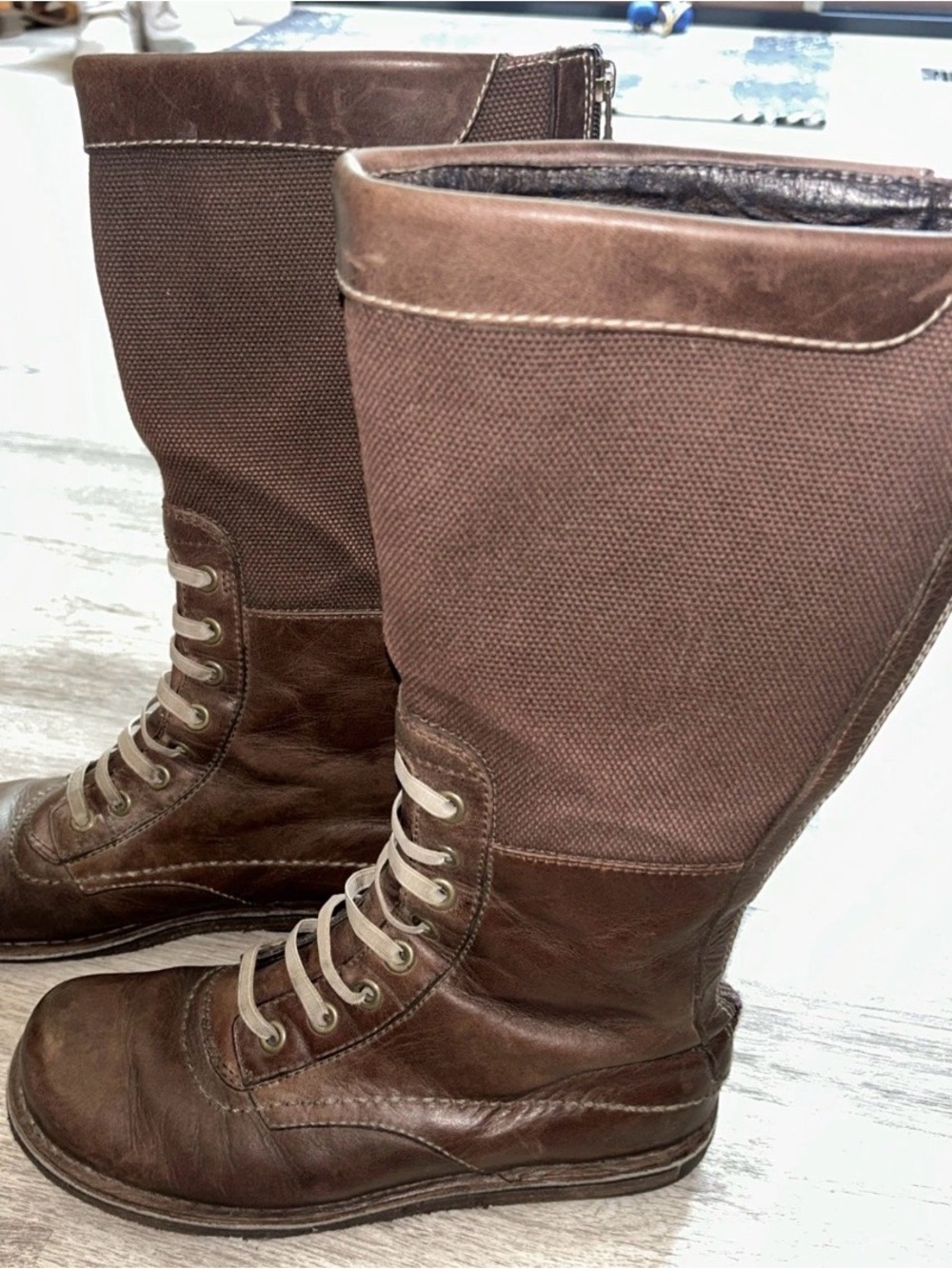 RARE SIMPLE Brown Leather Tall Riding Boots Hippie Leather Canvas Zipper Sz. 8